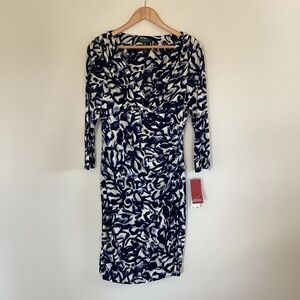 Lauren Ralph Lauren 10P Navy Blue White Abstract Ruched Faux Wrap Jersey Dress